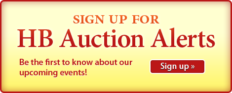 Bright banner promoting HB Auction Alerts with a call to action to sign up for upcoming events.