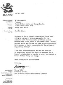 A formal letter from the Son of Heaven organization expressing gratitude to Hansen Brothers Moving and Storage for their support.