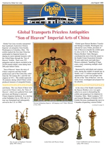Newsletter featuring an article about "Son of Heaven" Imperial Arts of China, with an ornate figure in traditional attire and decorative artifacts.